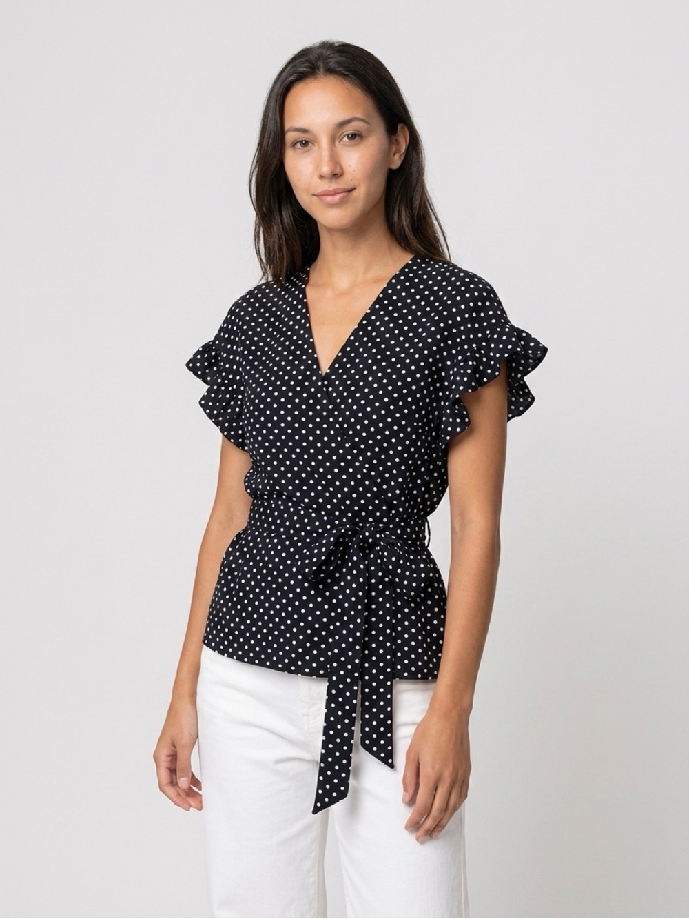 Max Studio Black Polka Dot Ruffle Wrap Top